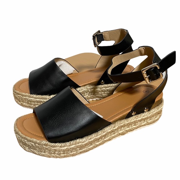 Espadrilles platform open toe women’s black ankle buckle jute platform 8 - Picture 1 of 9